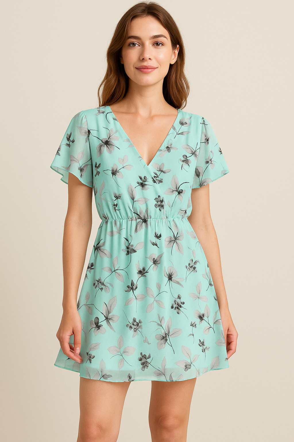 Morden Grey Leaves With Branch Digital Printed Fabric - Pure Georgette