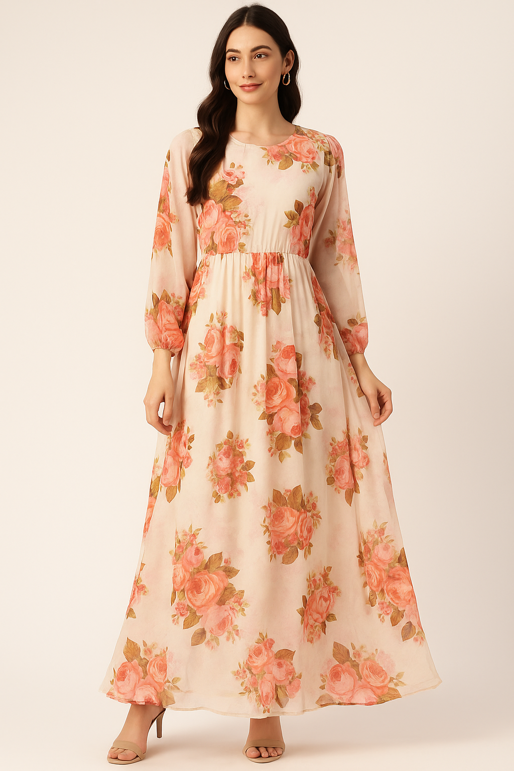 Beautiful Floral Golden Roses With Shiny Digital Printed Fabric - Pure Georgette