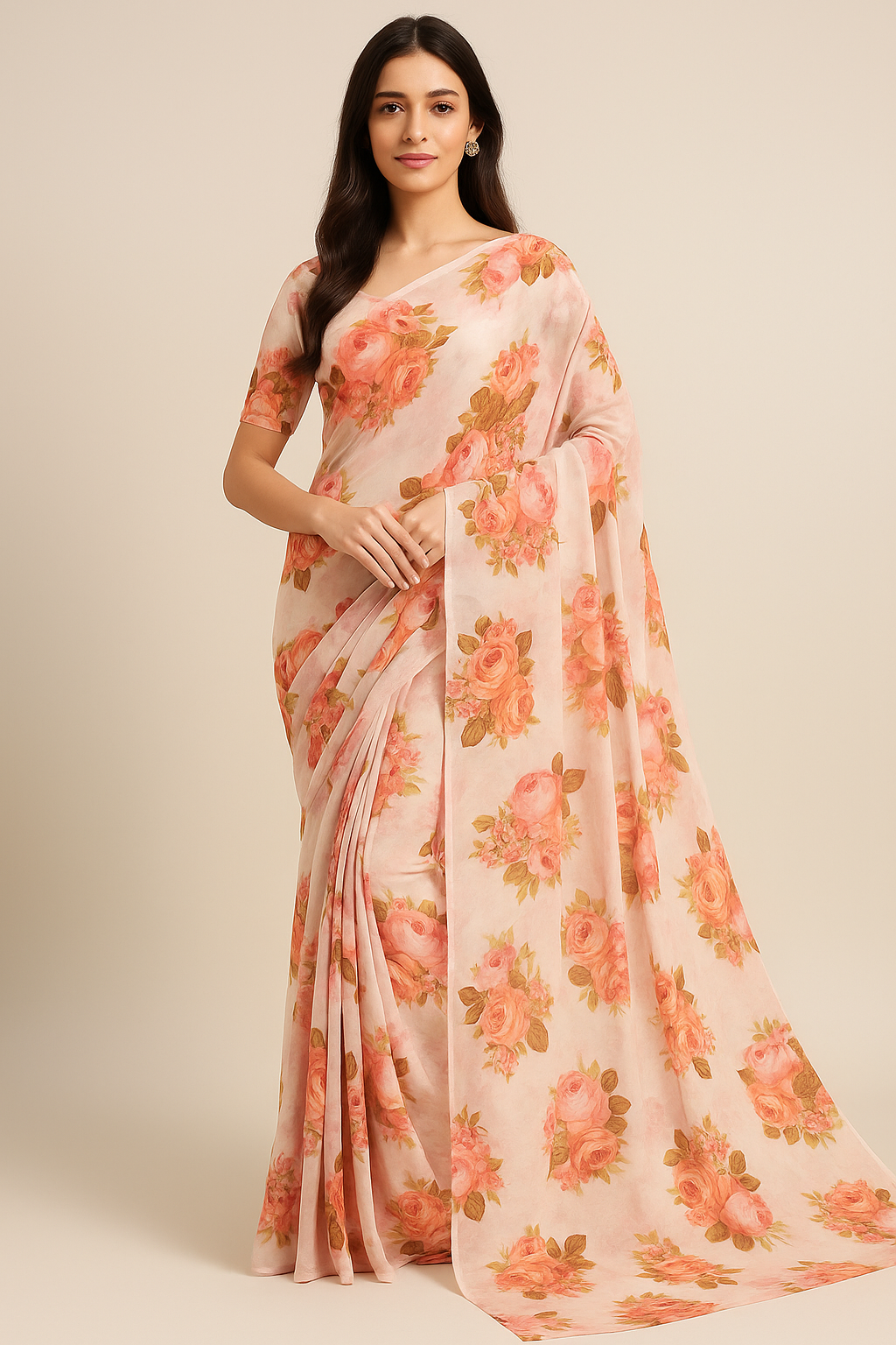 Beautiful Floral Golden Roses With Shiny Digital Printed Fabric - Pure Georgette