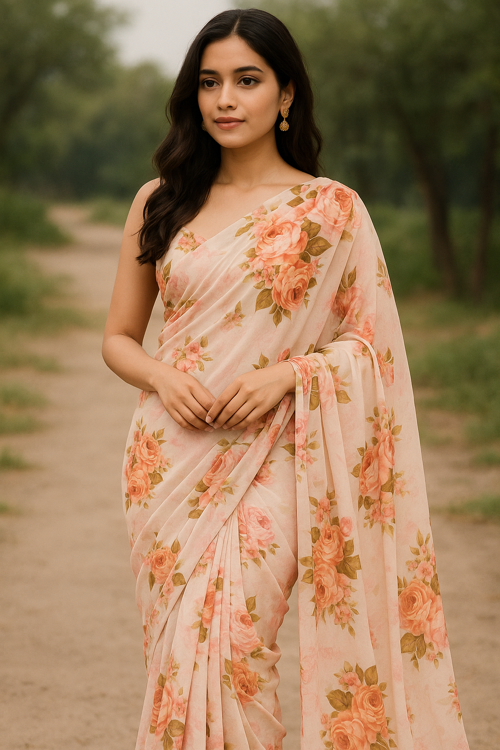 Beautiful Floral Golden Roses With Shiny Digital Printed Fabric - Pure Georgette