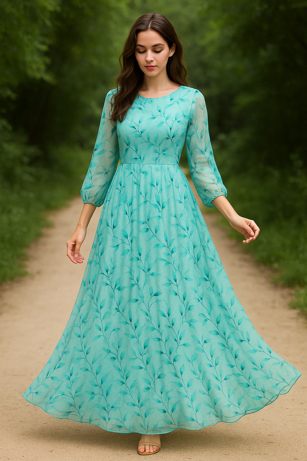 Attractive Sky Blue Leaves Digital Printed Fabric - Pure Georgette