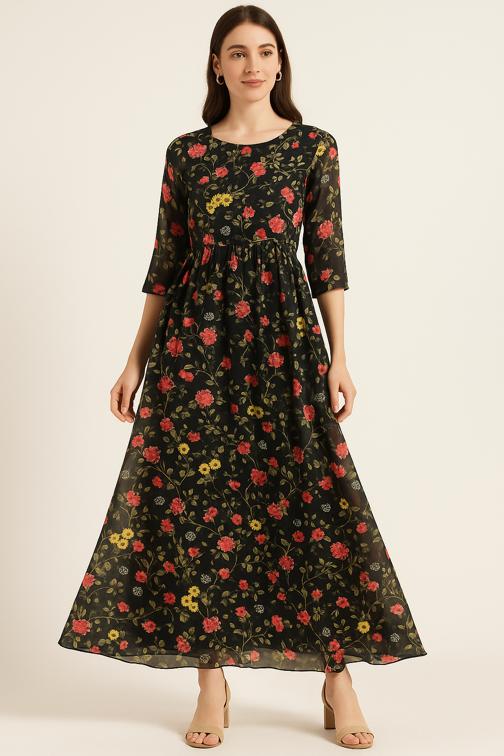 Beautiful Calico Flower With Branch Digital Printed Fabric - Pure Georgette