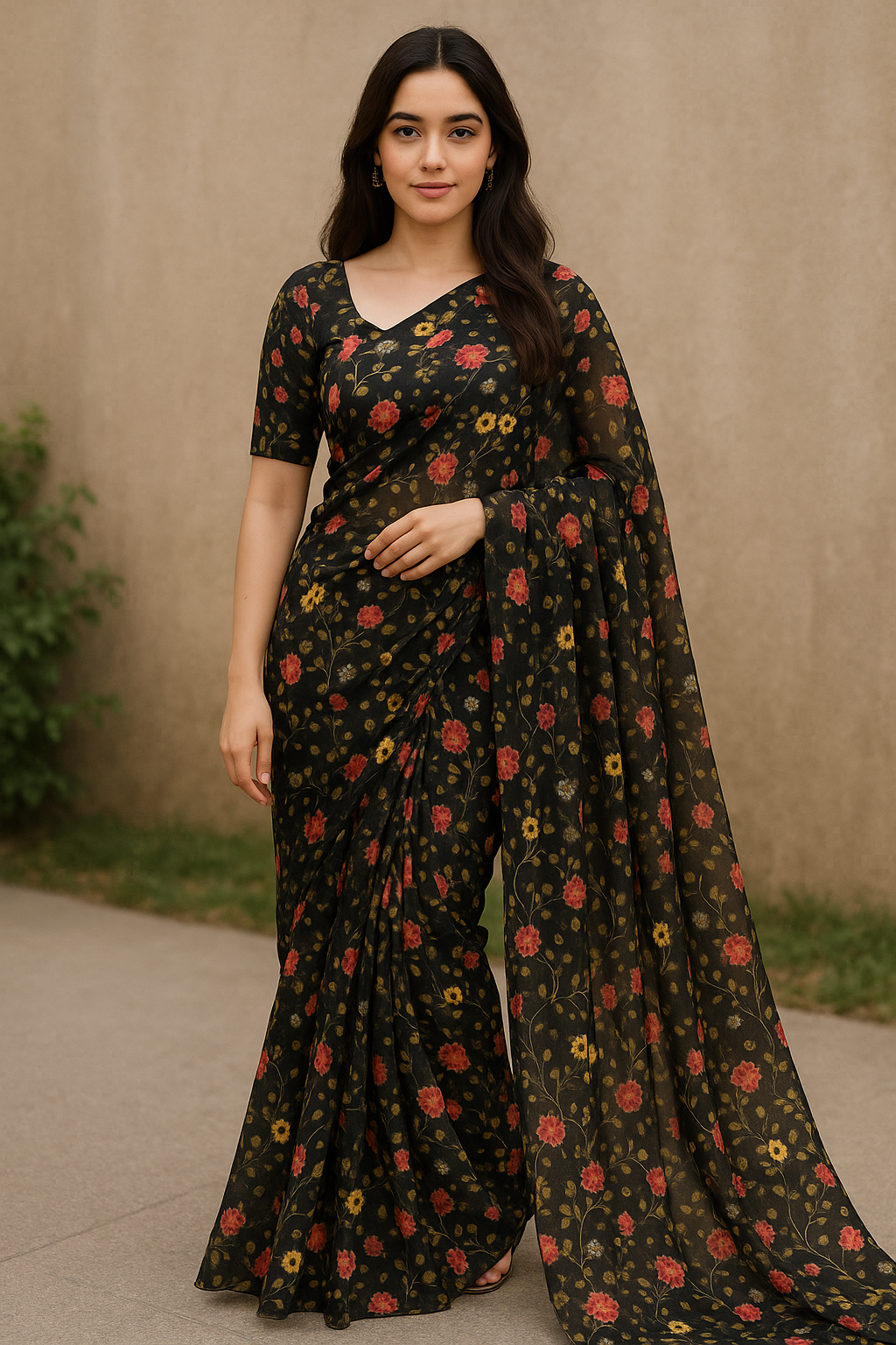 Beautiful Calico Flower With Branch Digital Printed Fabric - Pure Georgette