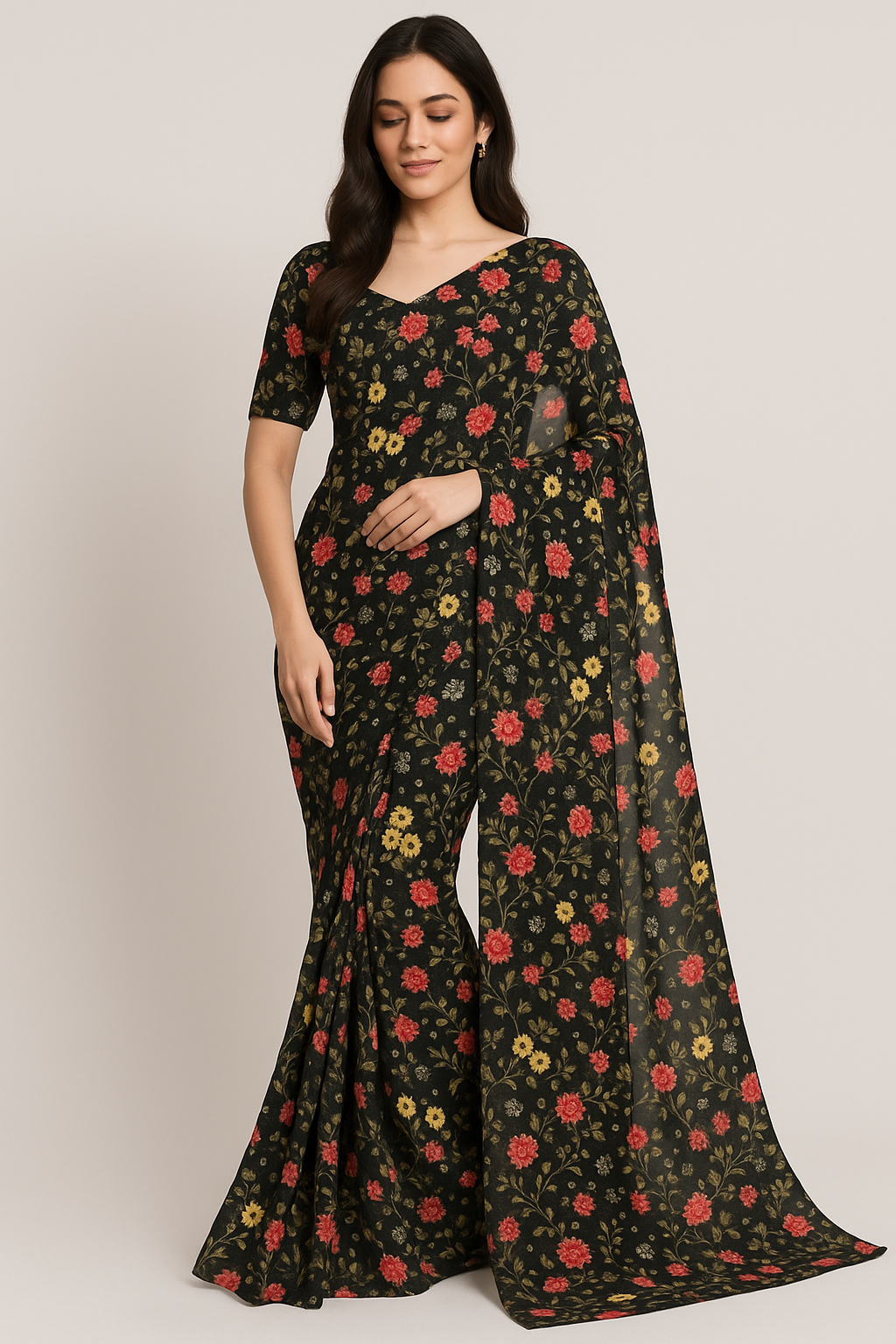 Beautiful Calico Flower With Branch Digital Printed Fabric - Pure Georgette