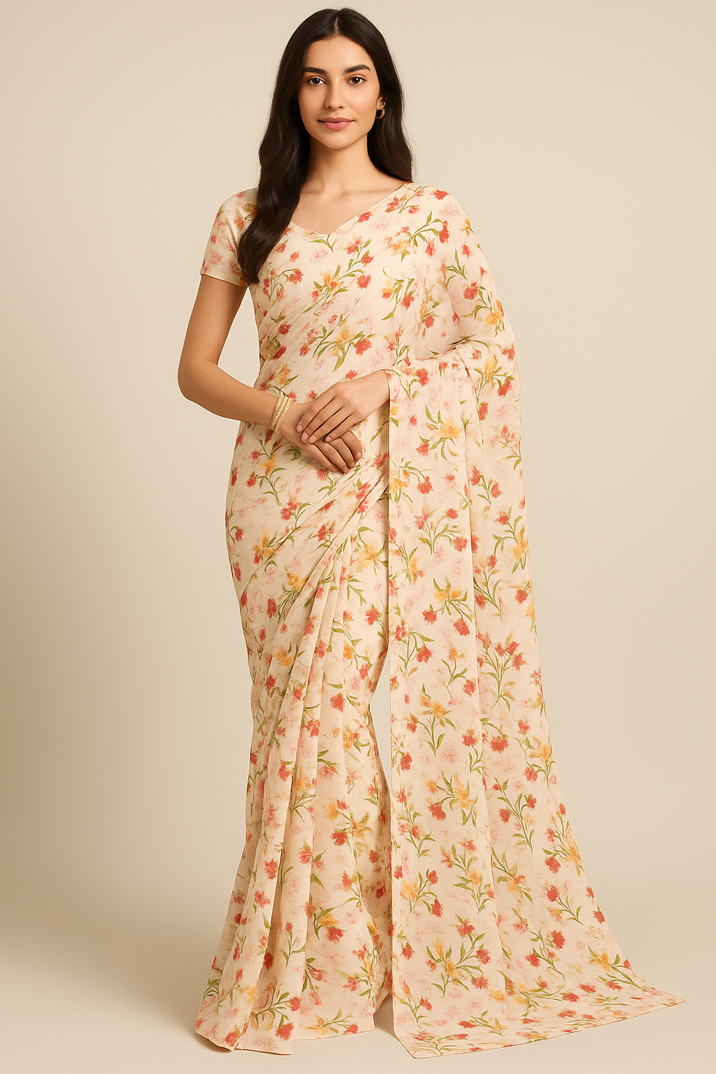 Beautiful Peach Calico Flowed Digital Printed Fabric - Pure Georgette