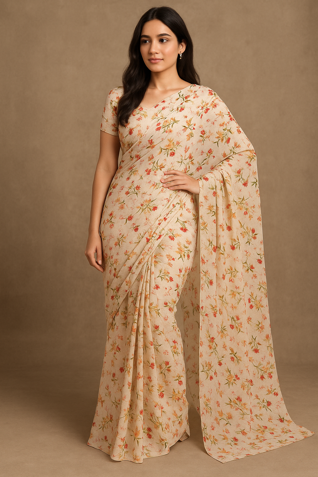 Beautiful Peach Calico Flowed Digital Printed Fabric - Pure Georgette