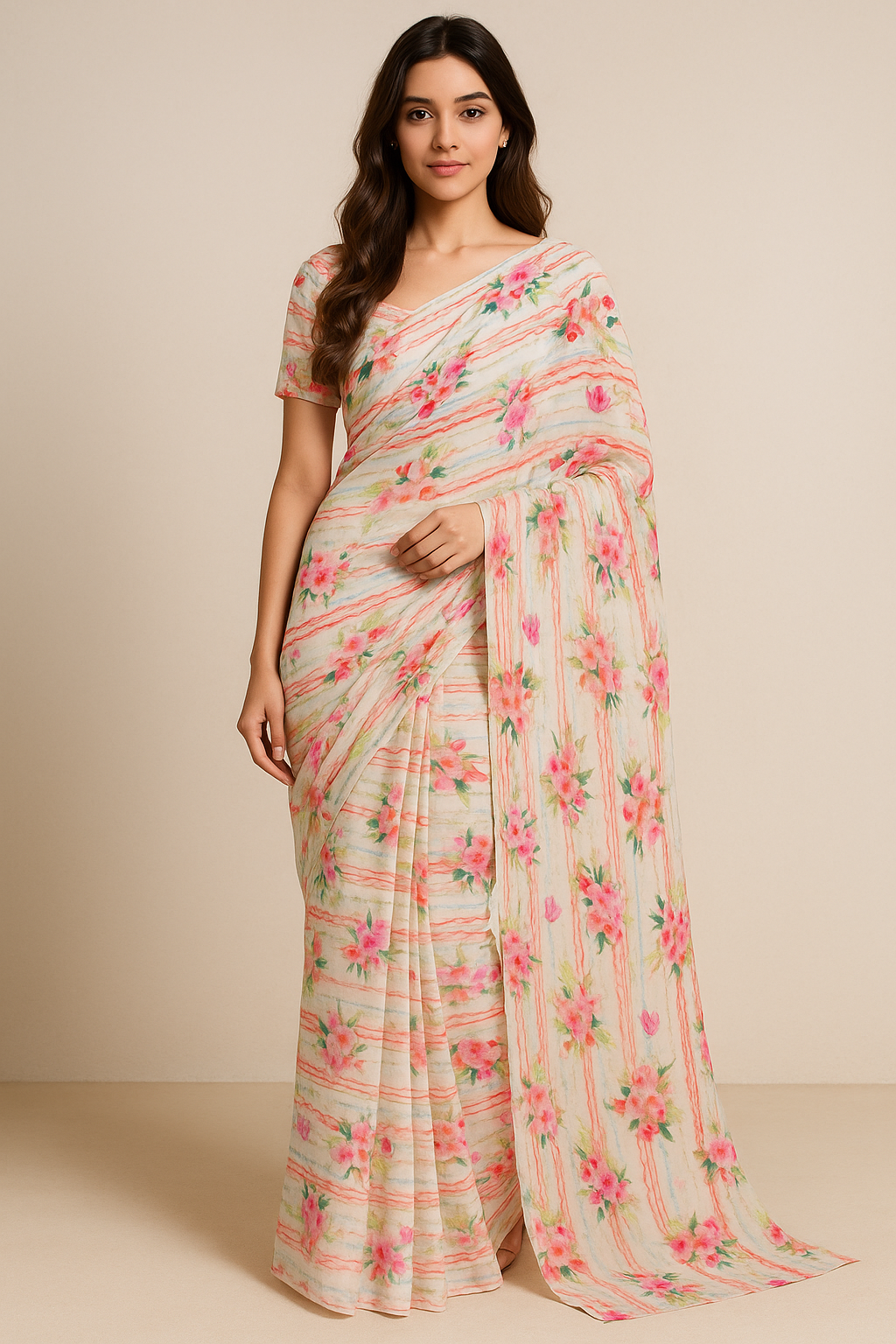 Decorative Watercolour Spring Floral Digital Printed Fabric - Pure Georgette