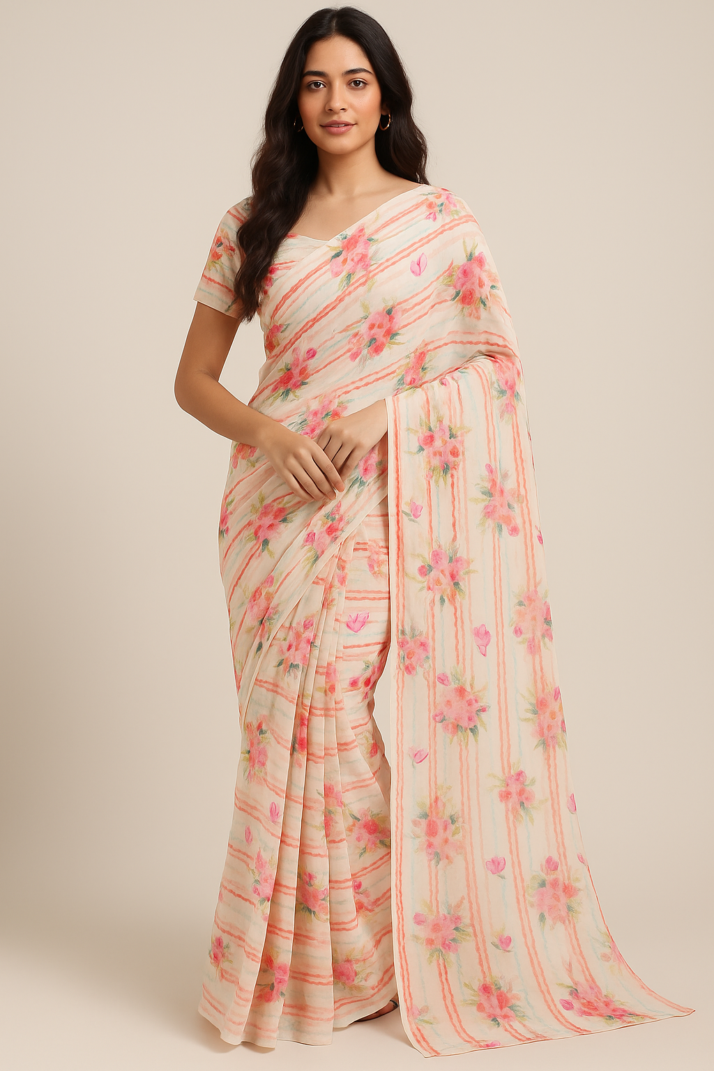 Decorative Watercolour Spring Floral Digital Printed Fabric - Pure Georgette