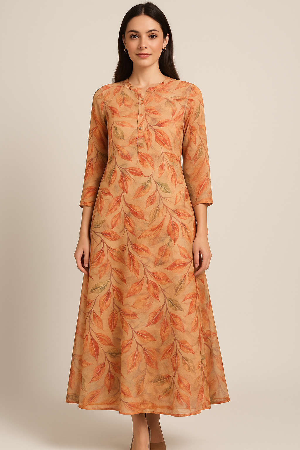 Beautiful Watercolour Gradient Autumnal Leaves Digital Printed Fabric - Pure Georgette