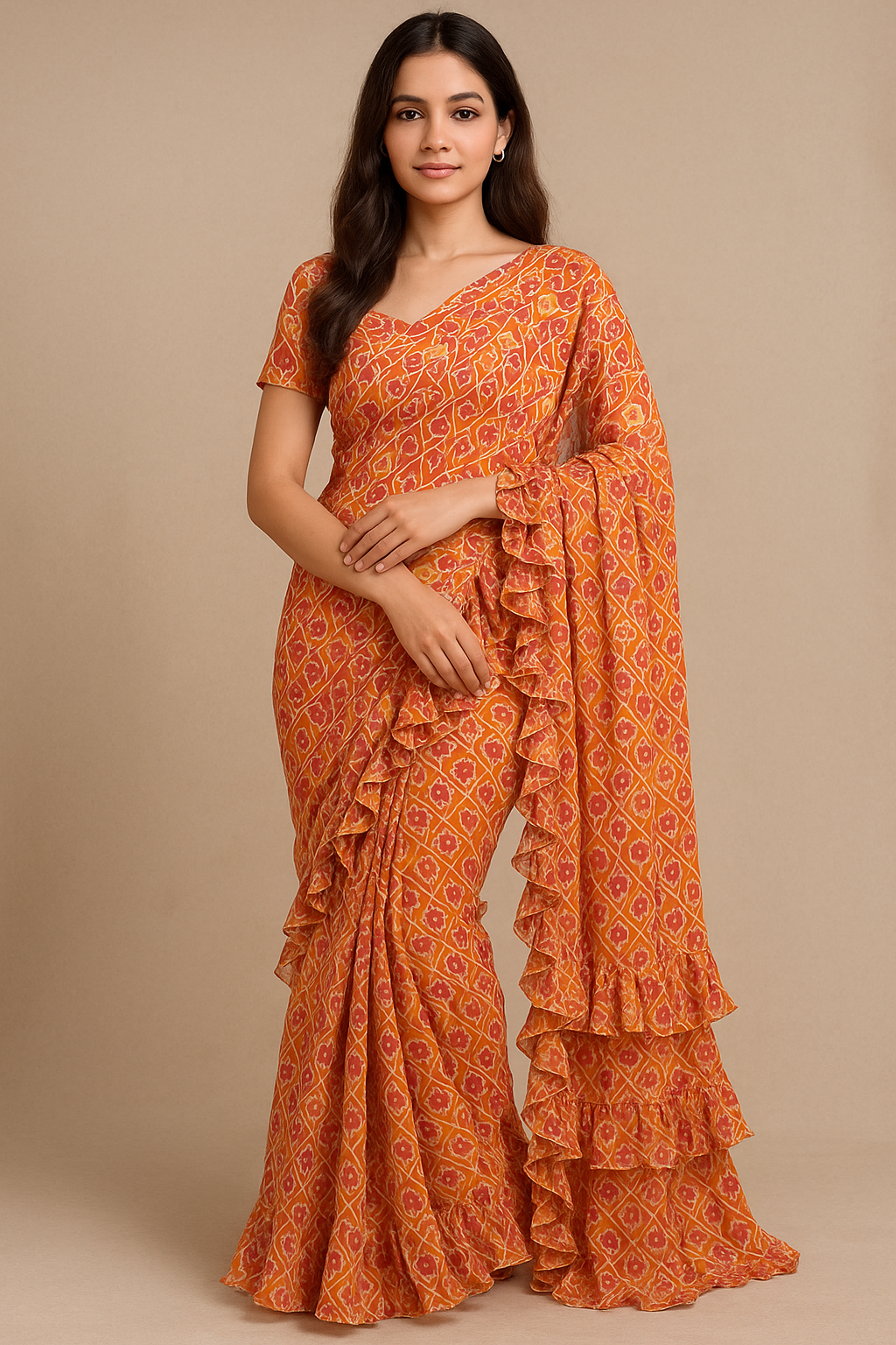 Little Three Colour Allamanda Flower Digital Printed Fabric - Pure Georgette