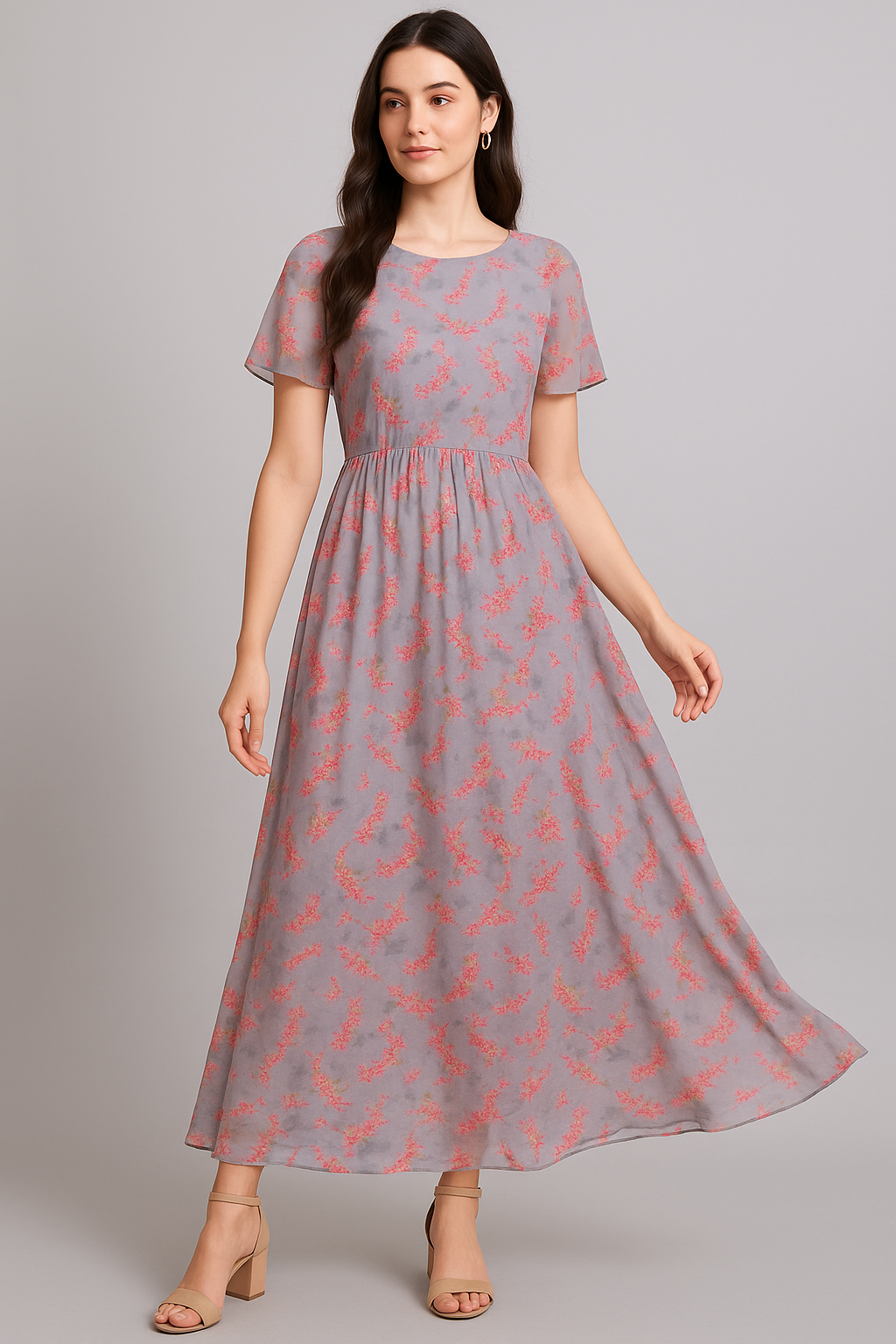 Tiny Pink Violet Floral Flower Digital Printed Fabric - Pure Georgette