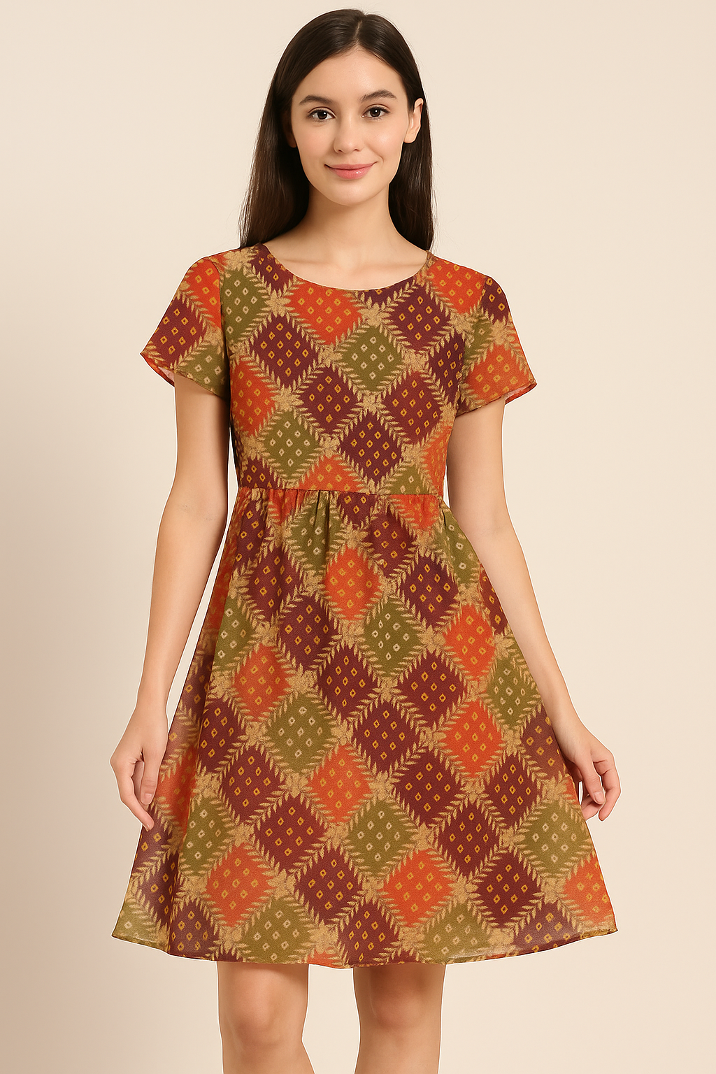 Multicolour With Flower Honeycomb Digital Printed Fabric - Pure Georgette