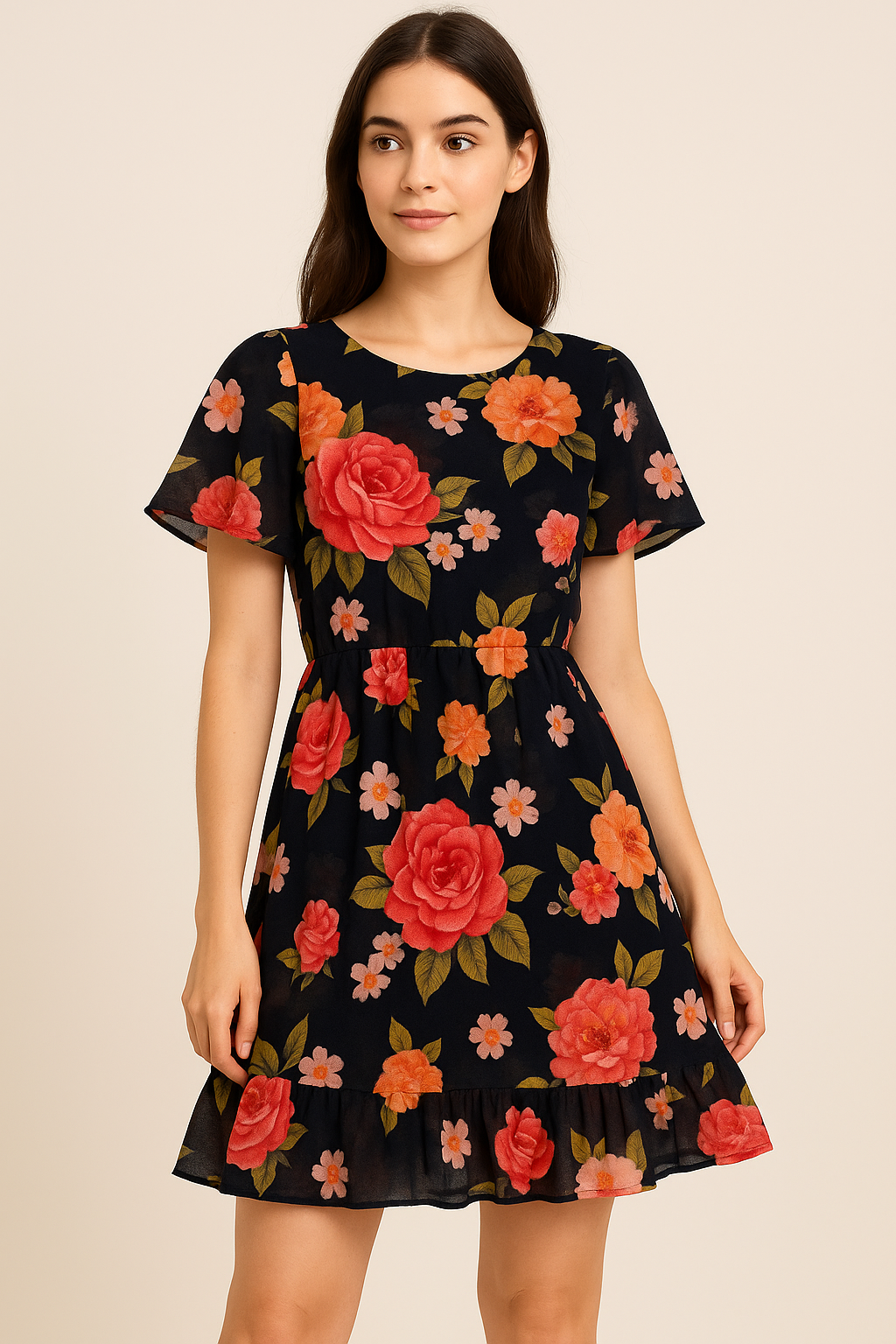 Multicolour Anemone Roses With Digital Printed Fabric - Pure Georgette