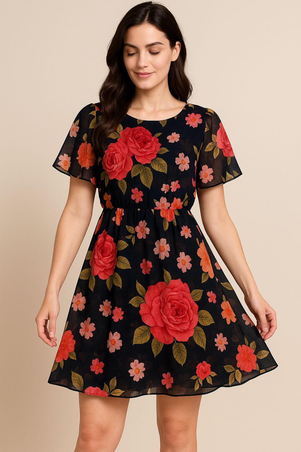 Multicolour Anemone Roses With Digital Printed Fabric - Pure Georgette