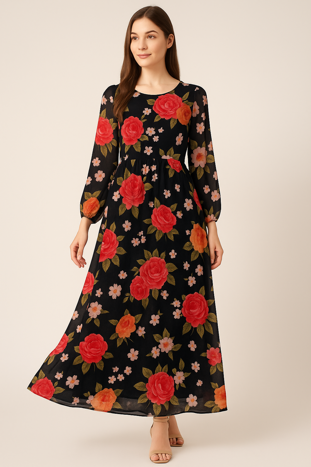 Multicolour Anemone Roses With Digital Printed Fabric - Pure Georgette