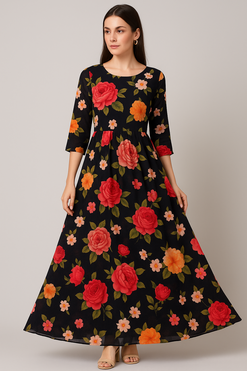 Multicolour Anemone Roses With Digital Printed Fabric - Pure Georgette