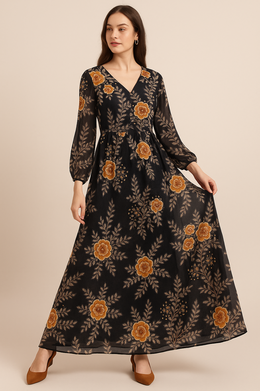 Embroidery Flower And Buds Digital Printed Fabric - Pure Georgette