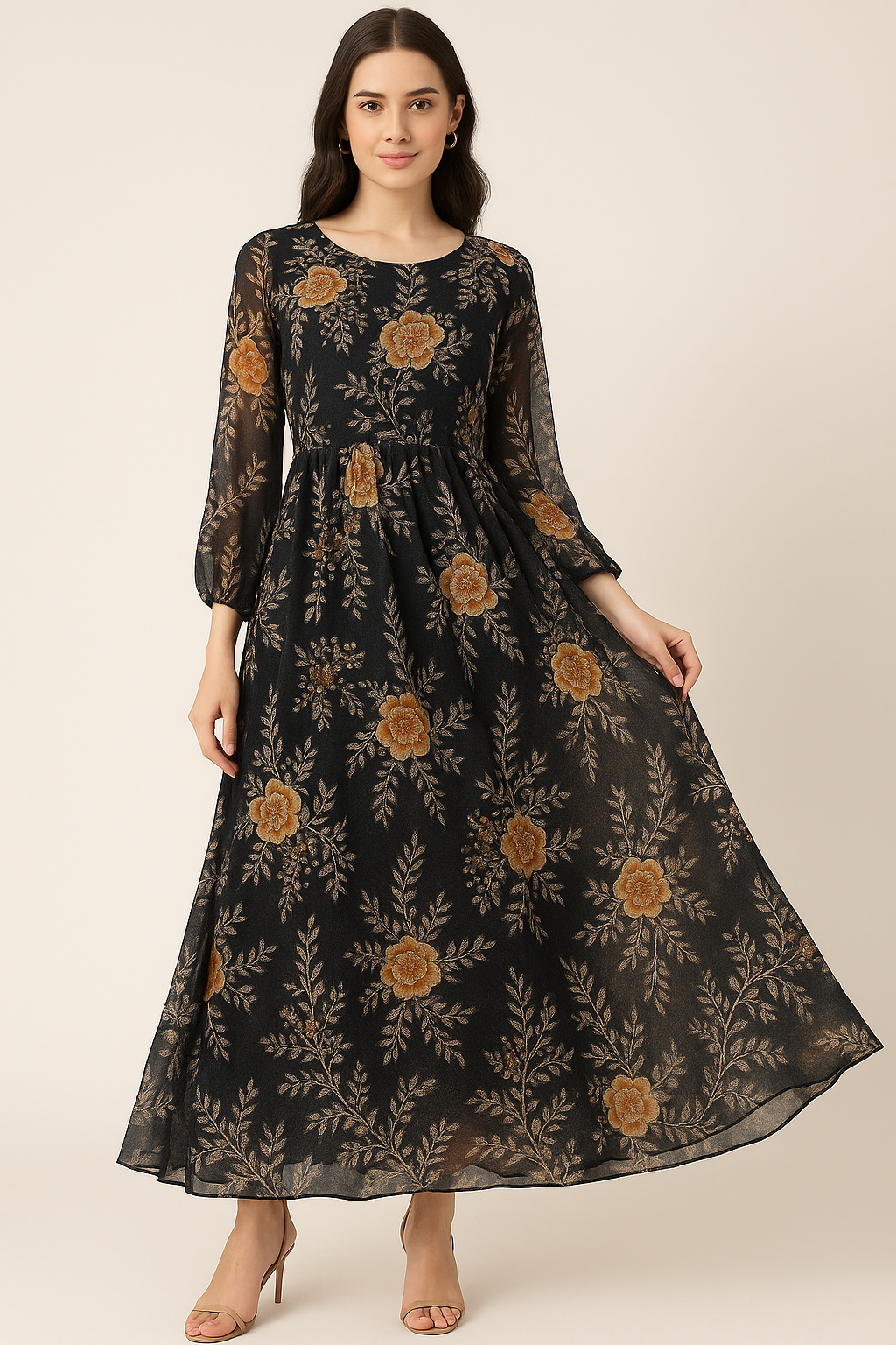 Embroidery Flower And Buds Digital Printed Fabric - Pure Georgette