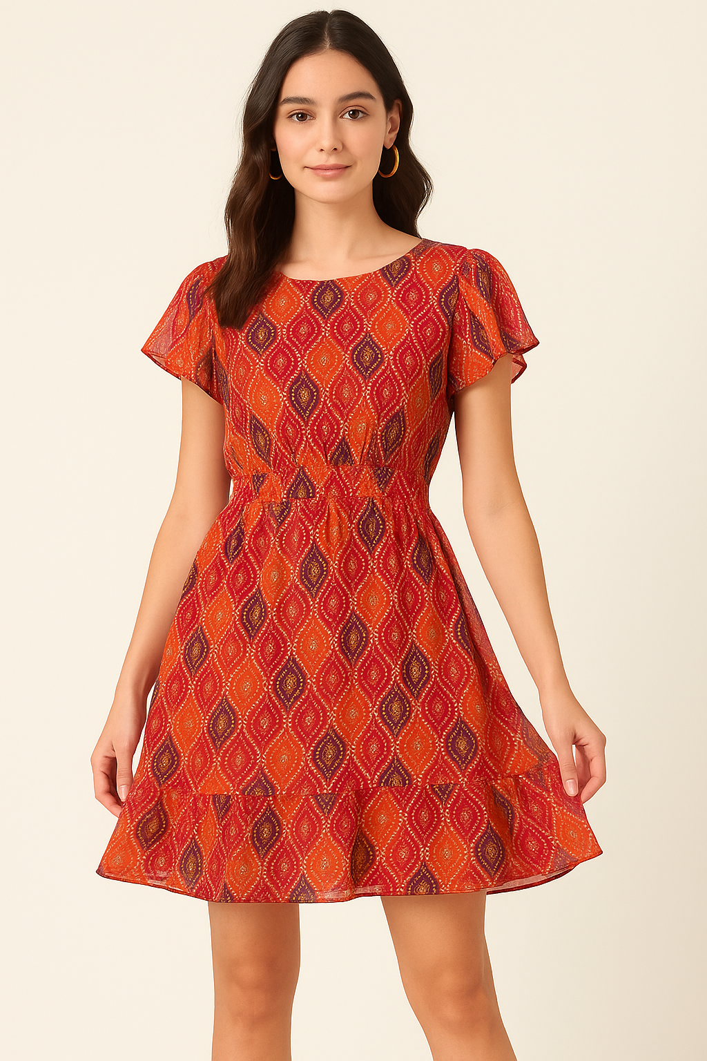 Cool Three Colour Ogee Pattern Digital Printed Fabric - Pure Georgette