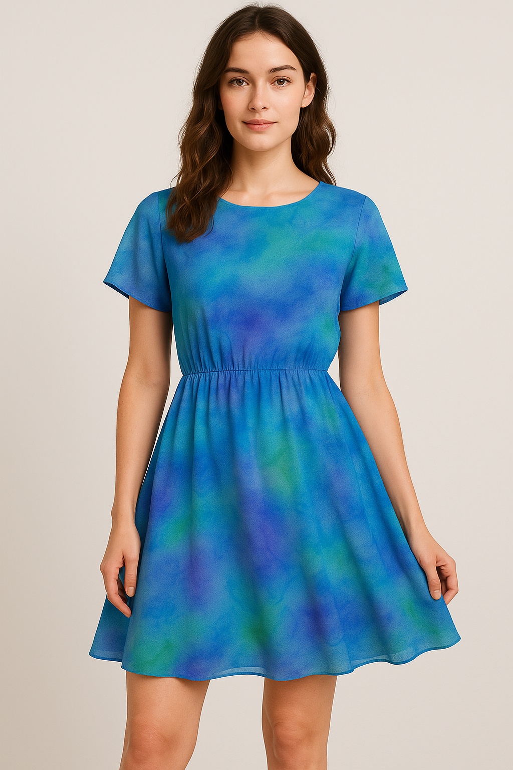 Classic Spotted Blue & Green Digital Printed Fabric - Pure Georgette