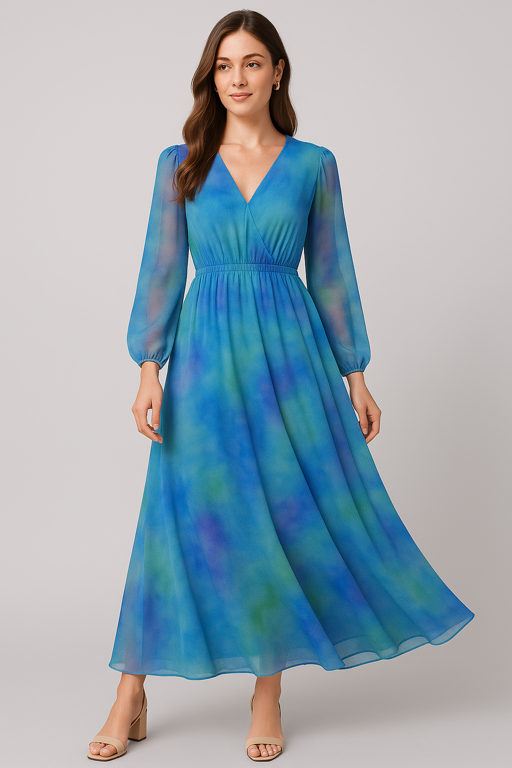 Classic Spotted Blue & Green Digital Printed Fabric - Pure Georgette