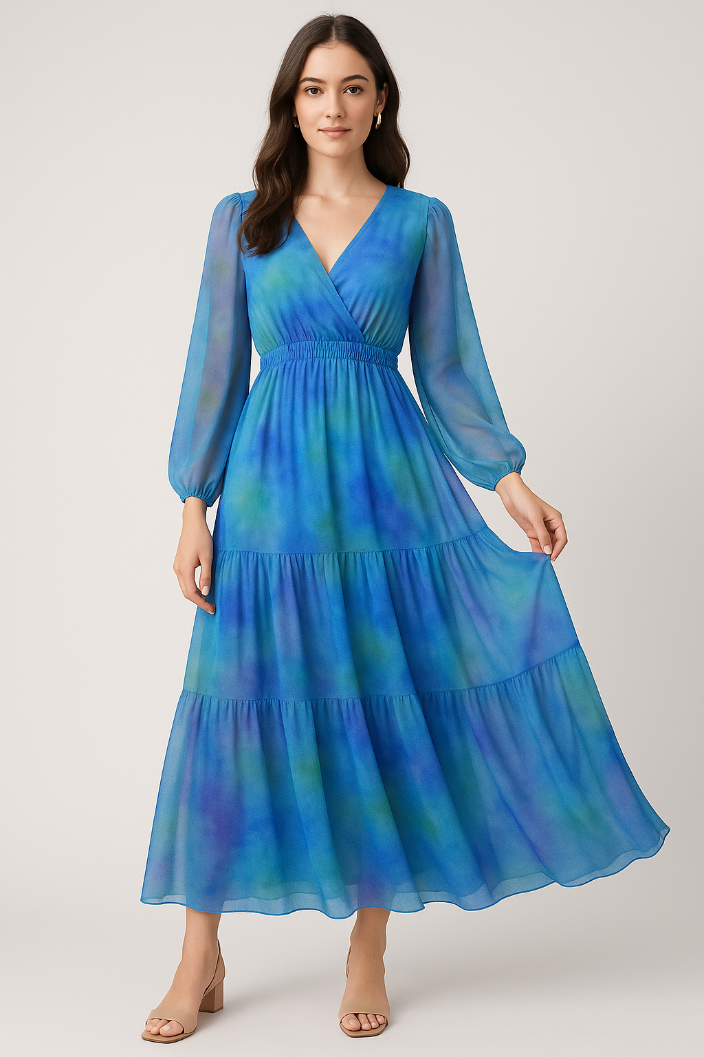 Classic Spotted Blue & Green Digital Printed Fabric - Pure Georgette