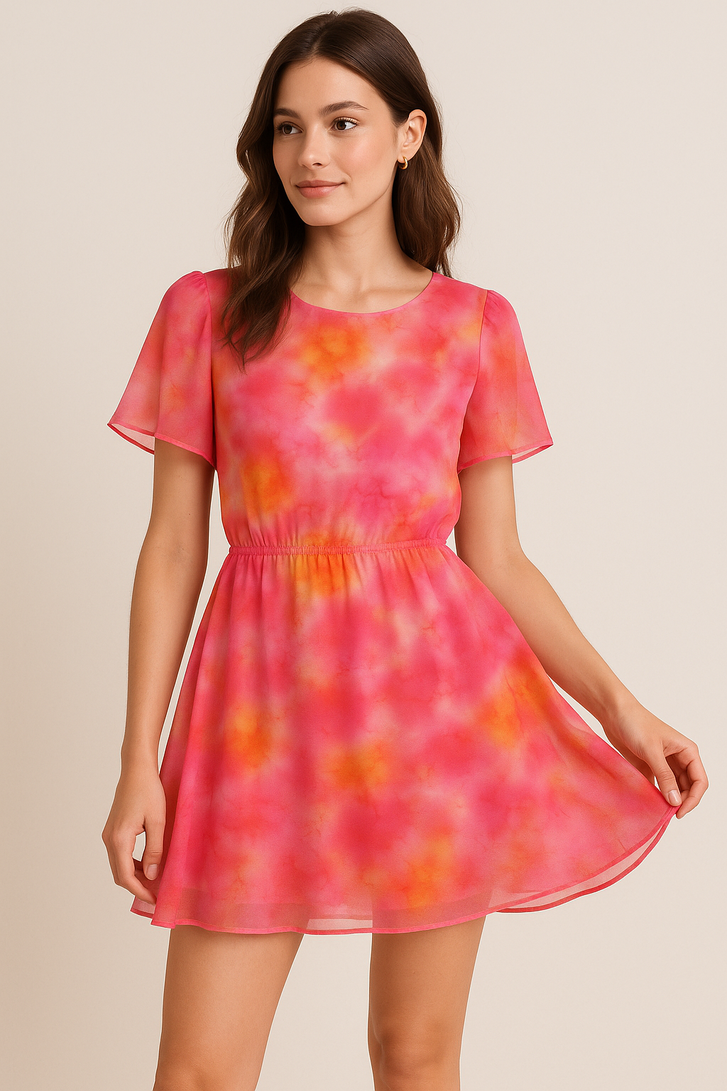 Morden Spotted Pink & Orange Digital Printed Fabric - Pure Georgette