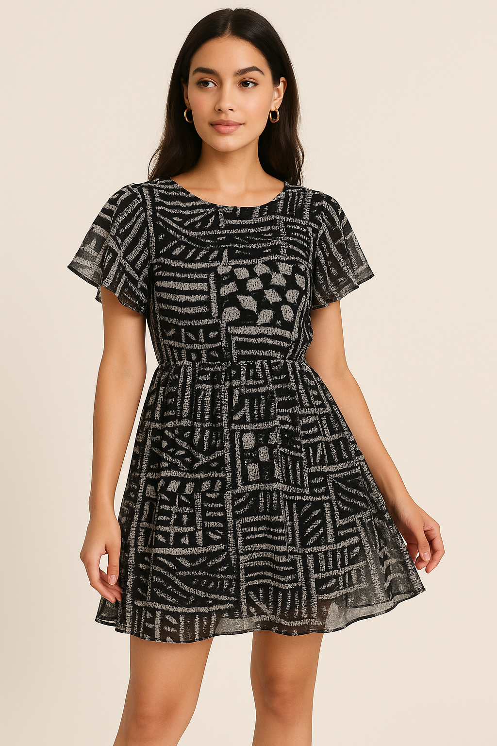 French Black And White Ghost Digital Printed Fabric - Pure Georgette