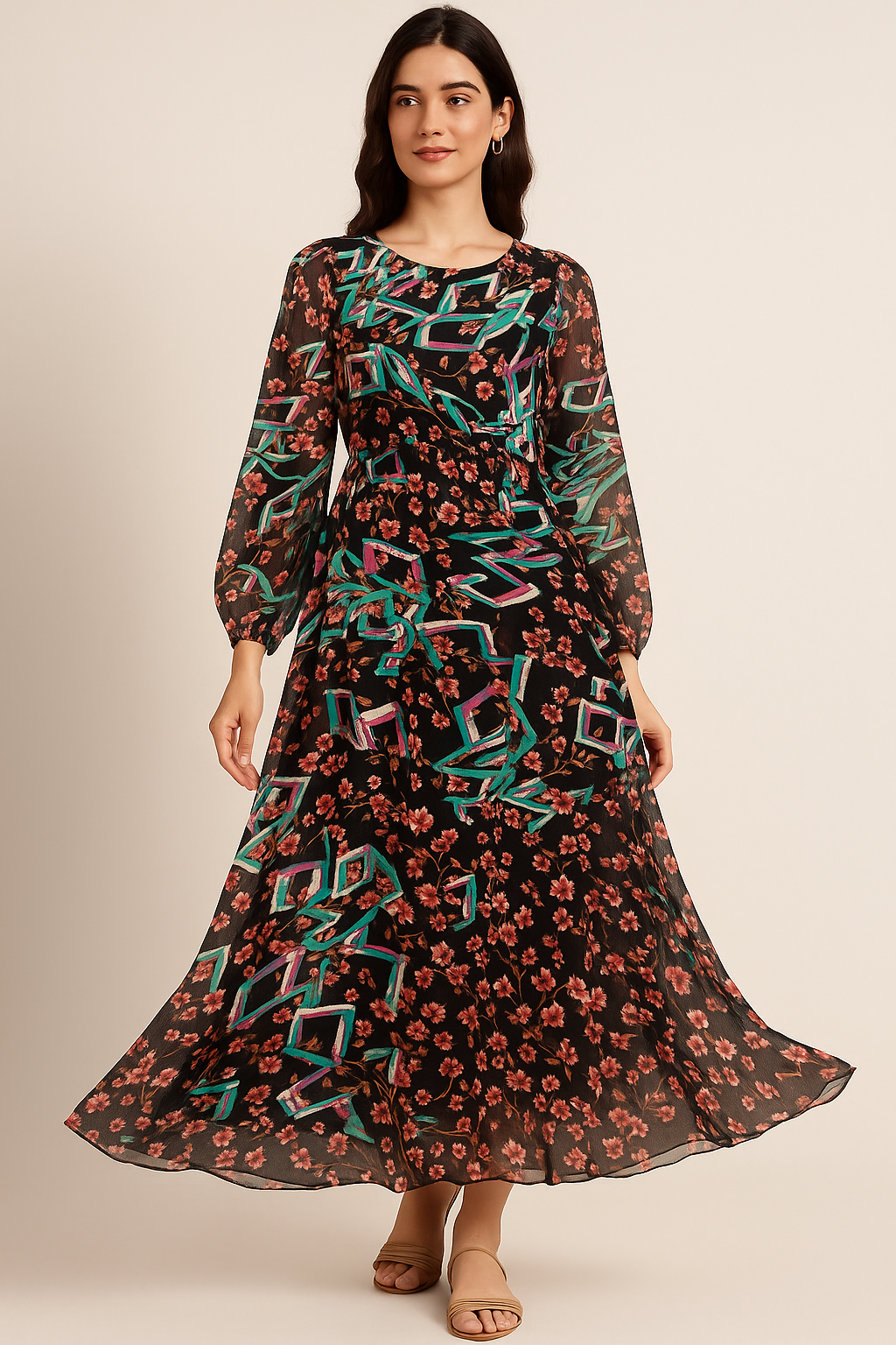 Morden Colourful Chintz Flower With Creative Box Digital Printed Fabric - Pure Georgette