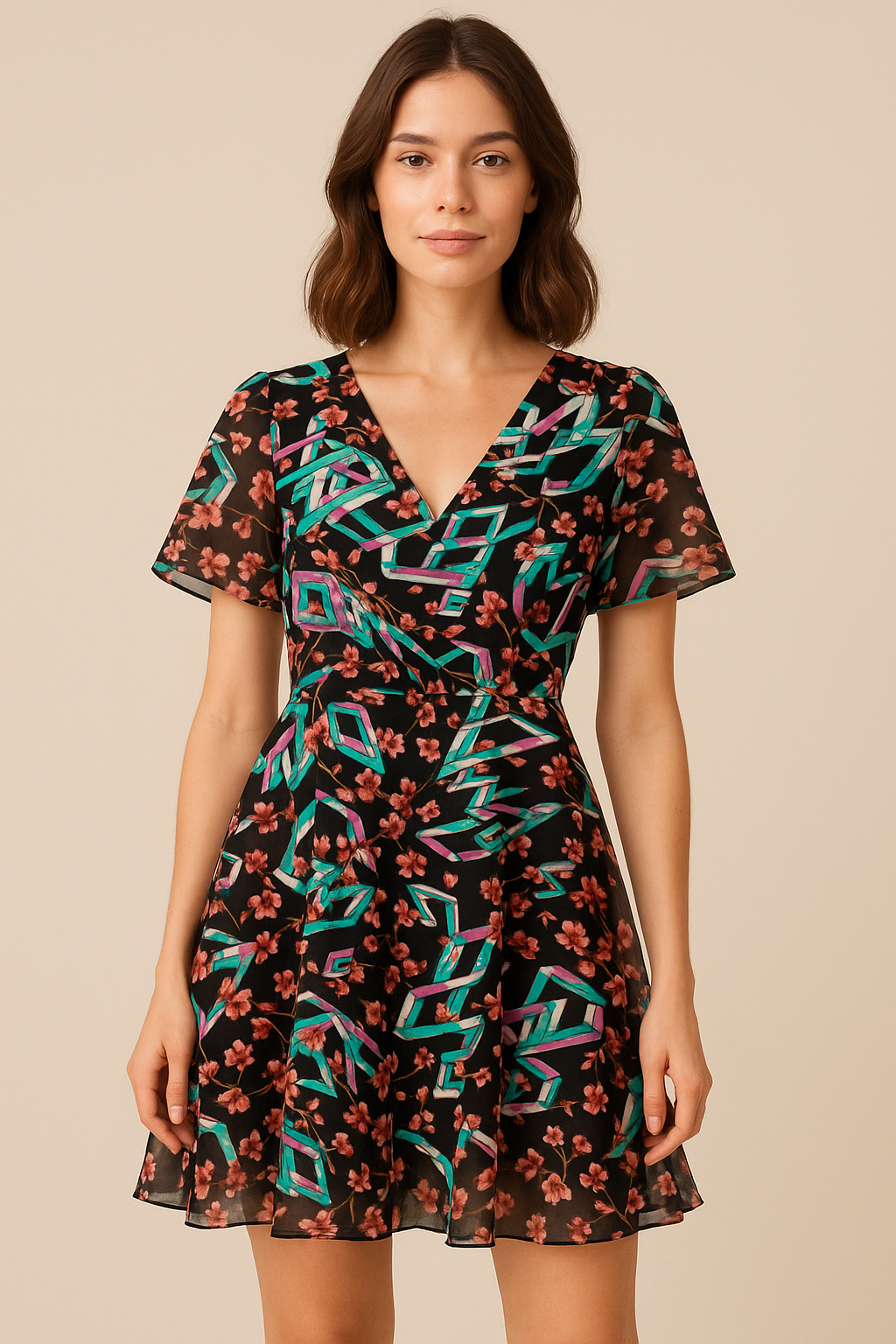 Morden Colourful Chintz Flower With Creative Box Digital Printed Fabric - Pure Georgette