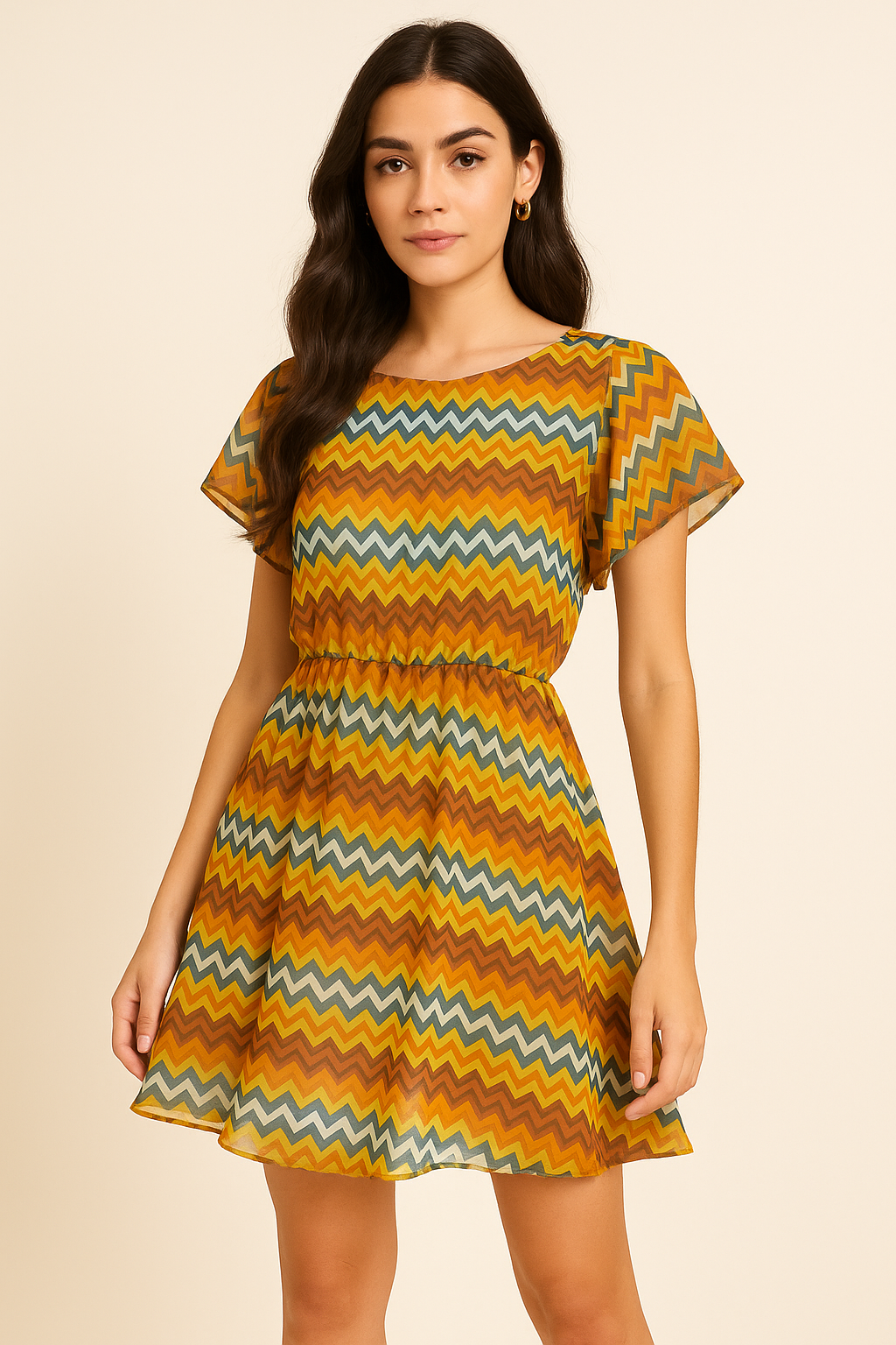 Classic Zigzag Multicolour Waves Digital Printed Fabric - Pure Georgette