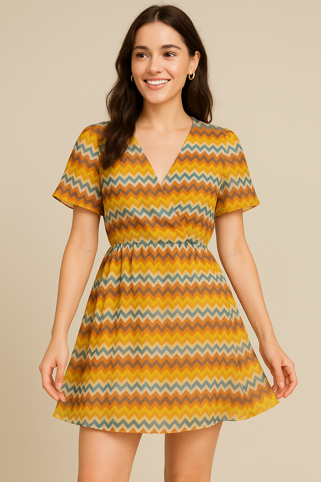 Classic Zigzag Multicolour Waves Digital Printed Fabric - Pure Georgette