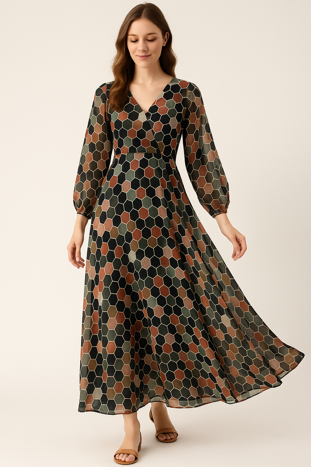 Seamless Hexagon Rainbow Pattern Digital Printed Fabric - Pure Georgette