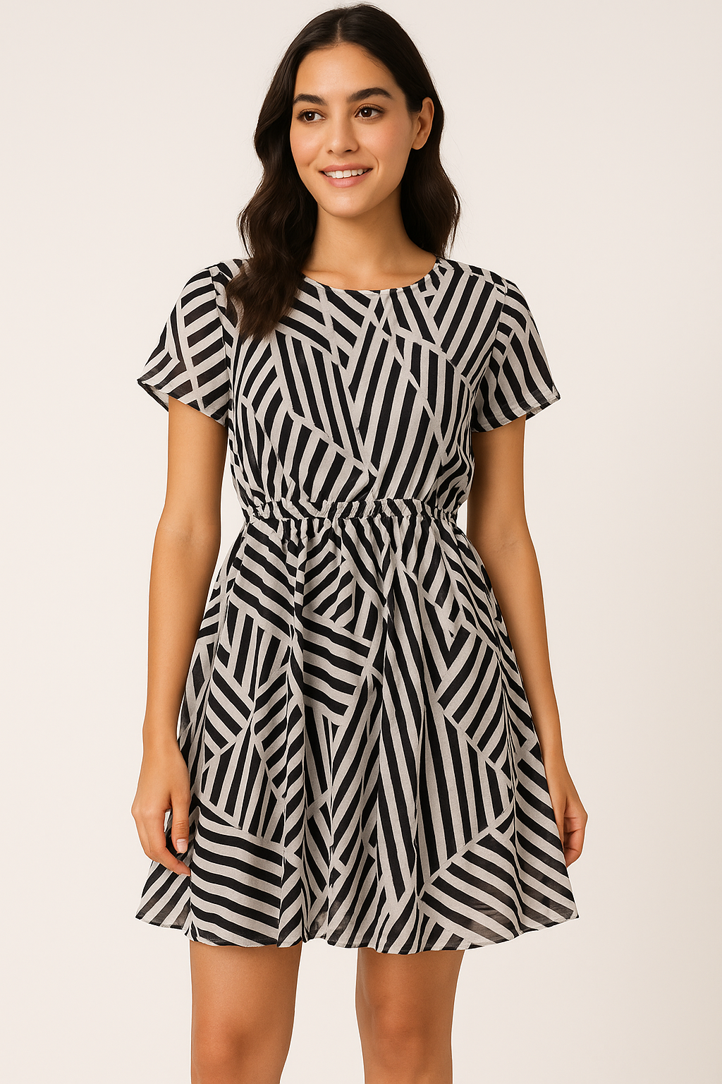 Attractive Black Strips With Bone Colour Digital Printed Fabric - Pure Georgette