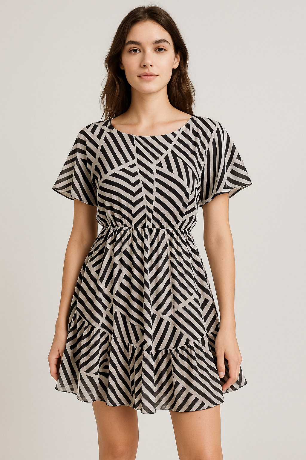 Attractive Black Strips With Bone Colour Digital Printed Fabric - Pure Georgette