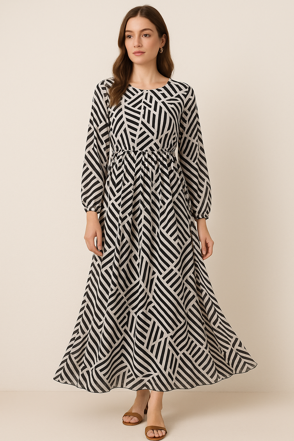 Attractive Black Strips With Bone Colour Digital Printed Fabric - Pure Georgette