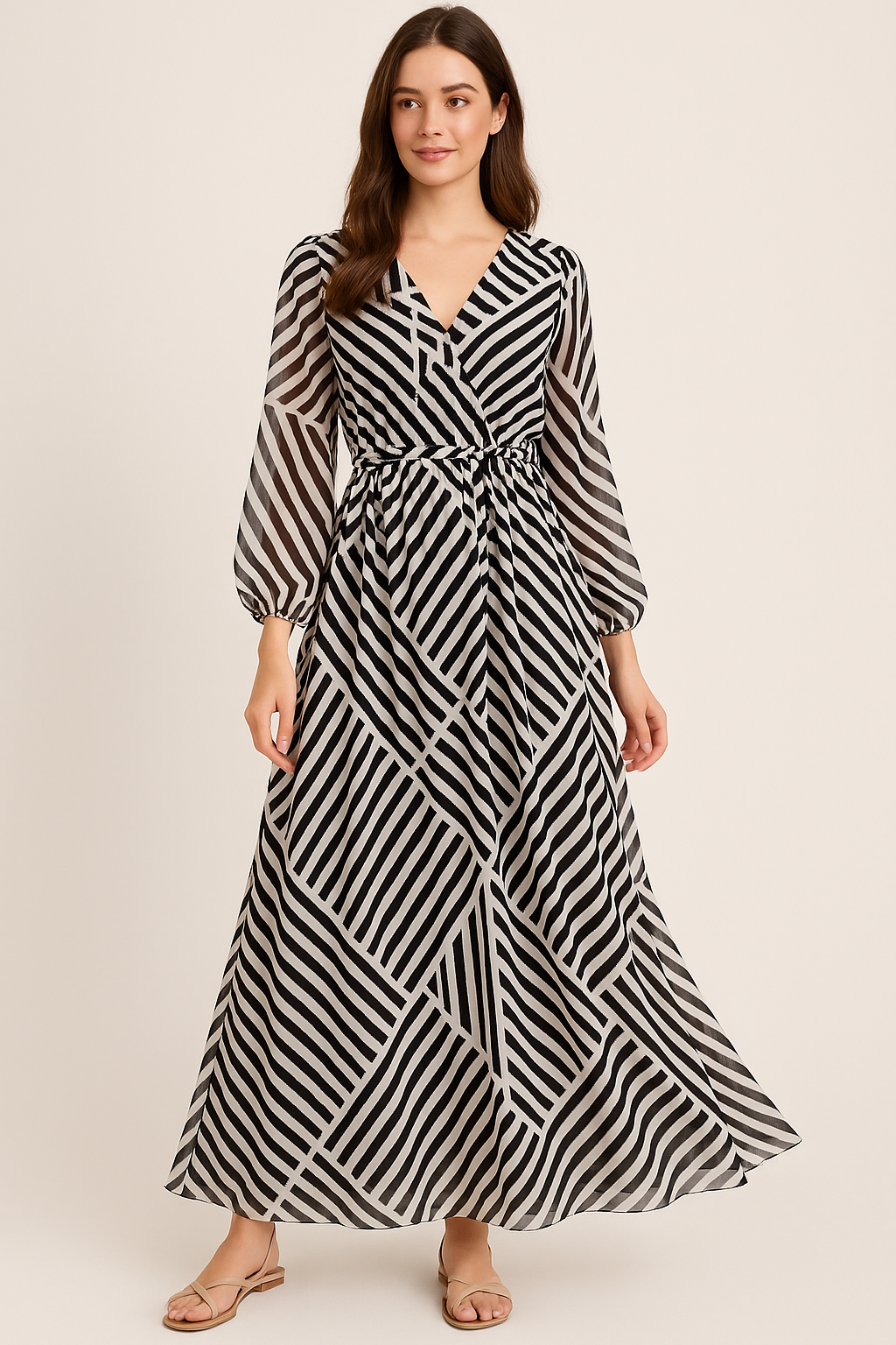 Attractive Black Strips With Bone Colour Digital Printed Fabric - Pure Georgette