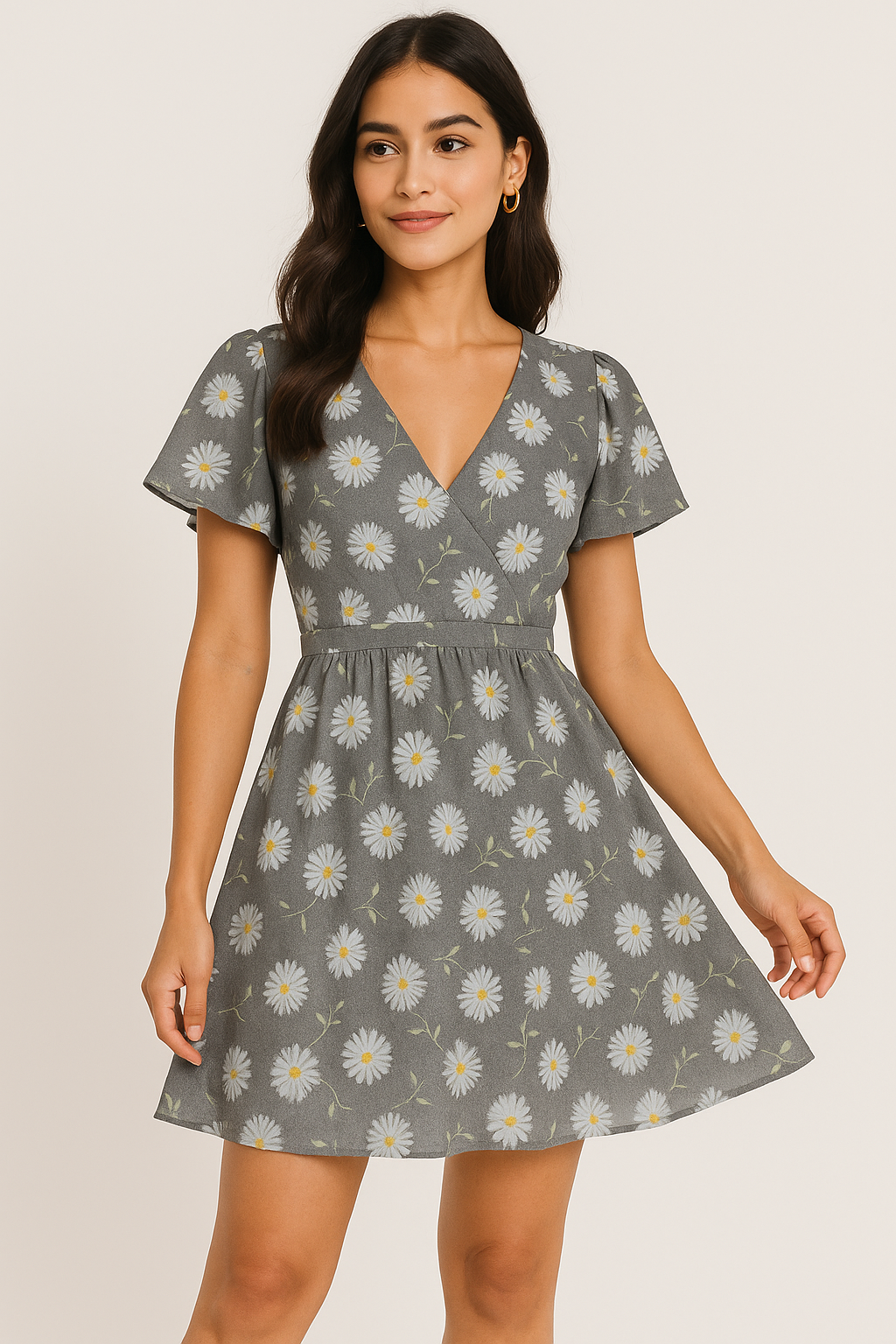 White Aster With Gray Background Digital Printed Fabric - Pure Georgette