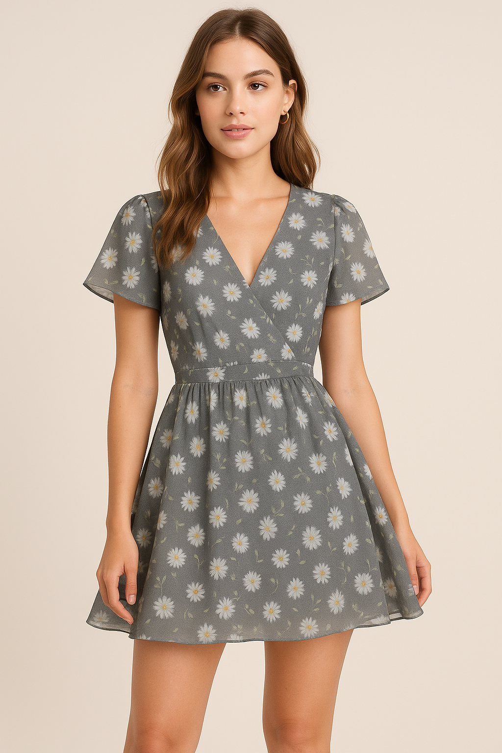 White Aster With Gray Background Digital Printed Fabric - Pure Georgette