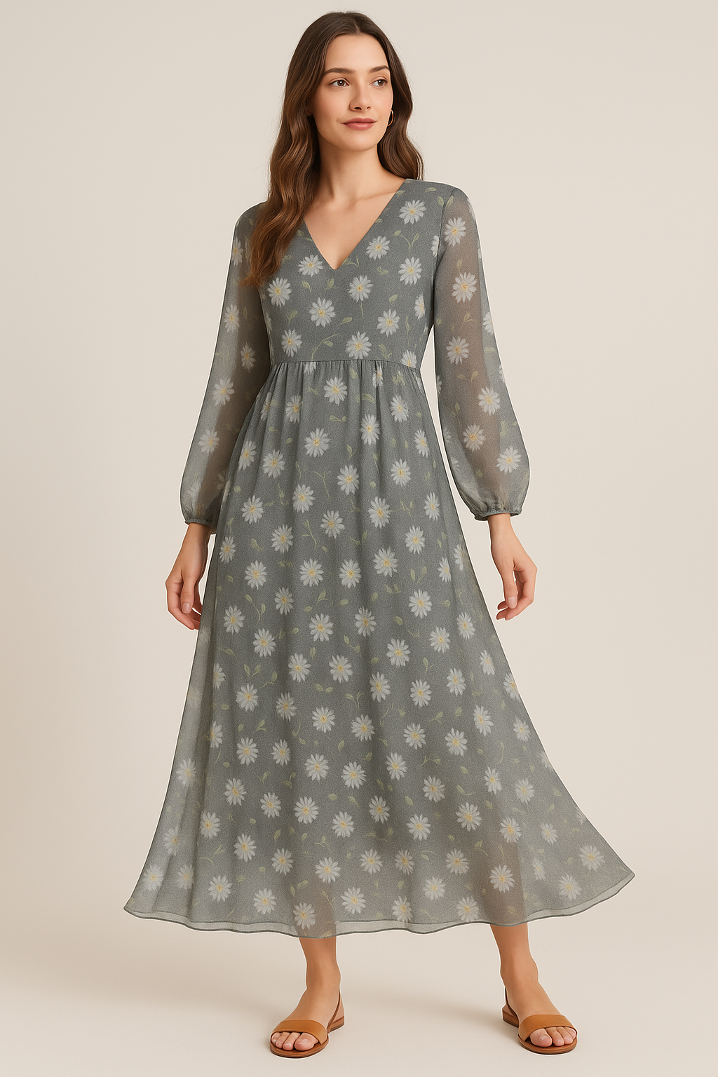 White Aster With Gray Background Digital Printed Fabric - Pure Georgette