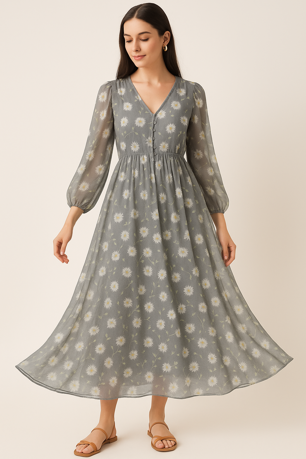 White Aster With Gray Background Digital Printed Fabric - Pure Georgette