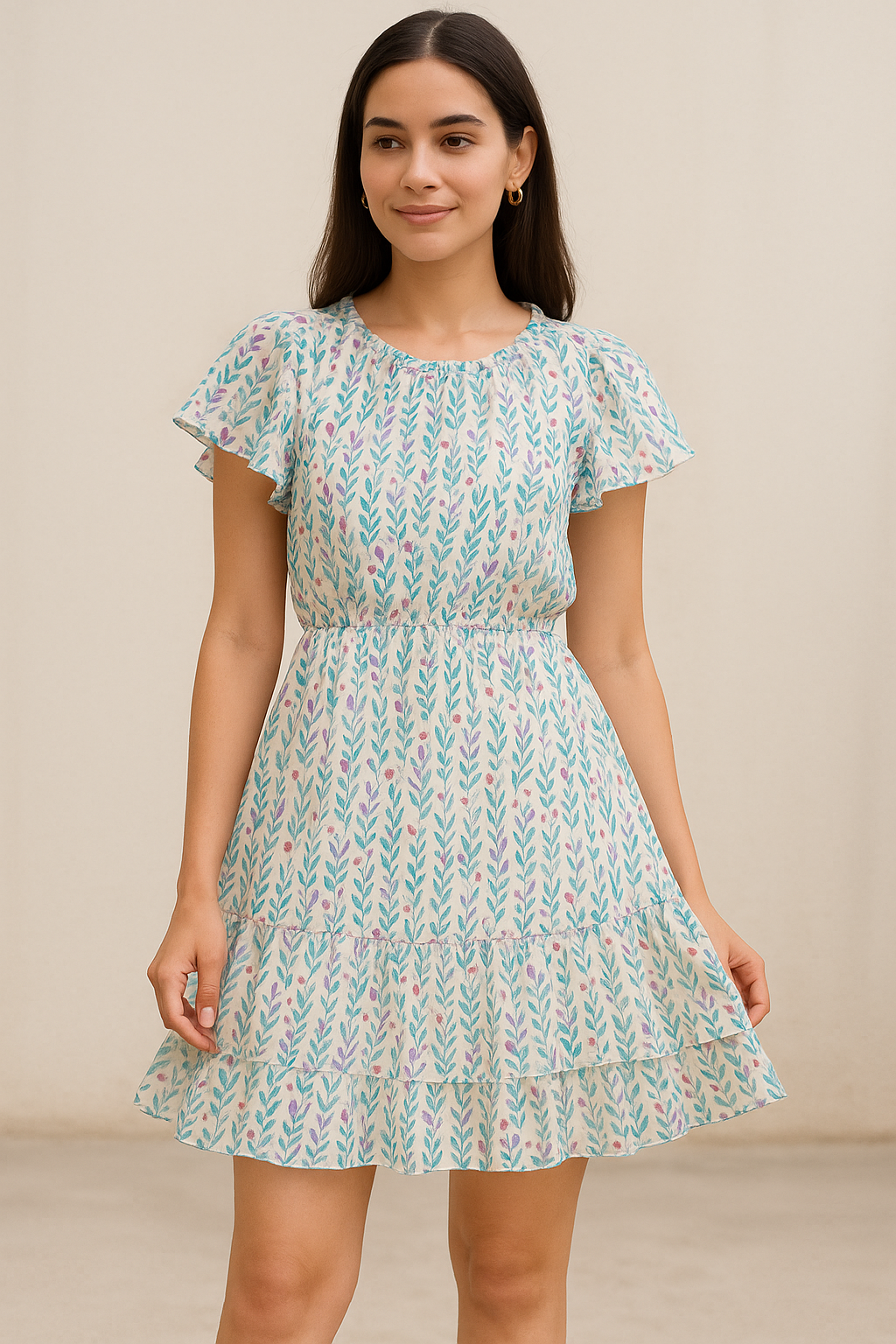 Tiny Multicolour Leaves With Tiny Flower Digital Printed Fabric - Pure Georgette