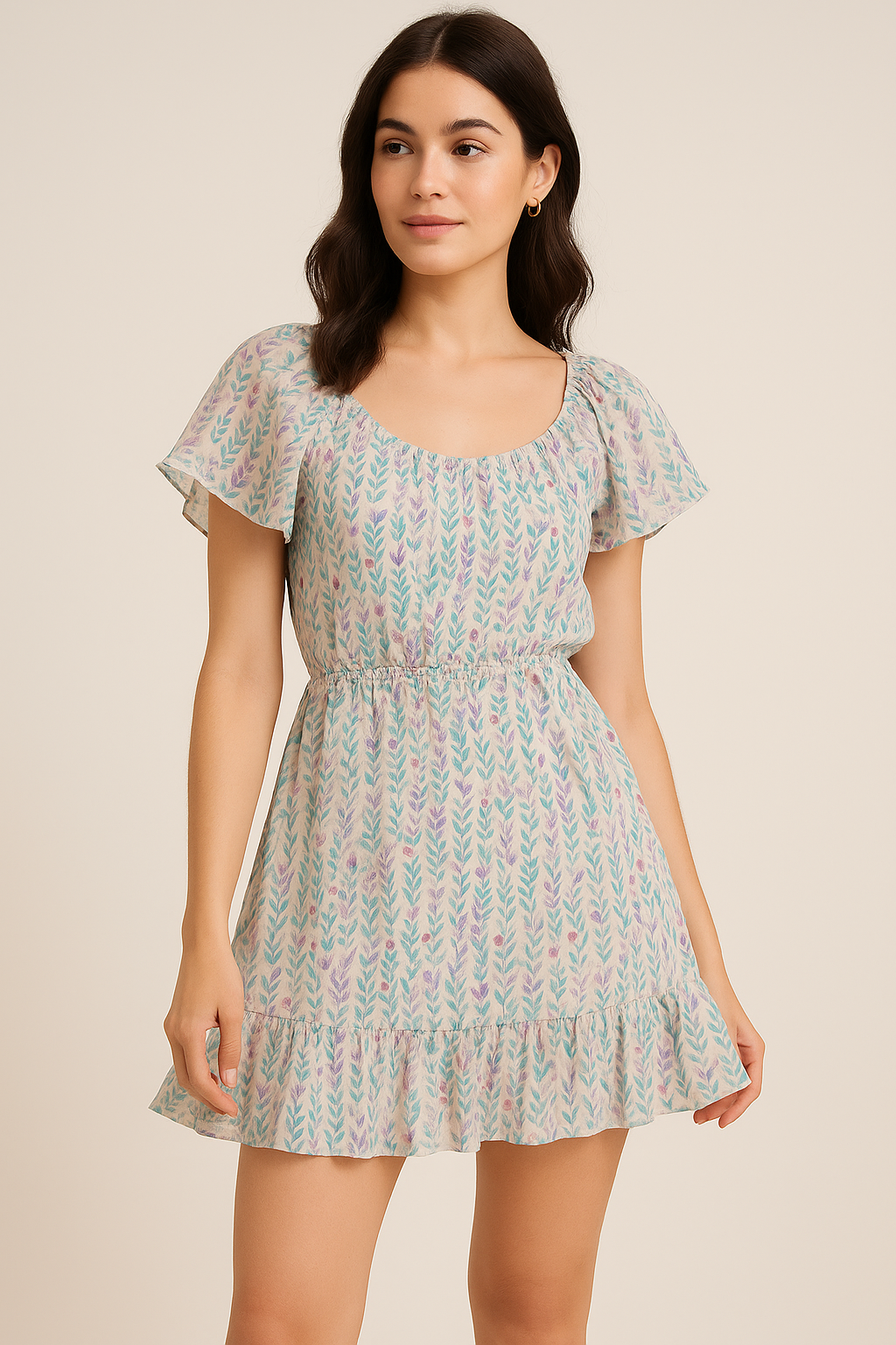 Tiny Multicolour Leaves With Tiny Flower Digital Printed Fabric - Pure Georgette