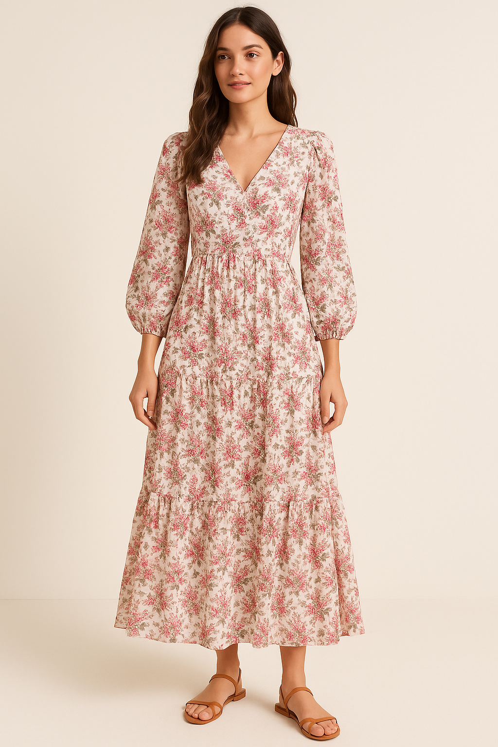 Tiny Daffodil Flower With Birch Leaves Digital Printed Fabric - Pure Georgette