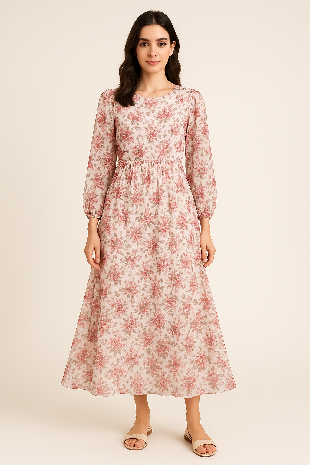 Tiny Daffodil Flower With Birch Leaves Digital Printed Fabric - Pure Georgette