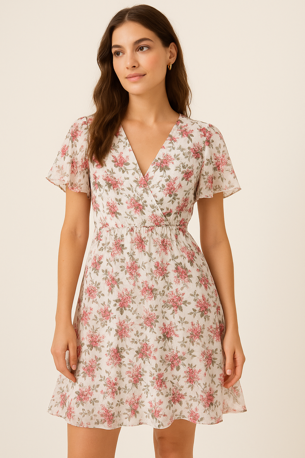 Tiny Daffodil Flower With Birch Leaves Digital Printed Fabric - Pure Georgette