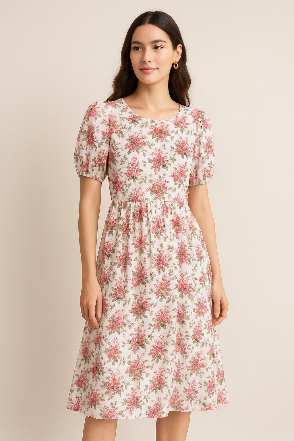 Tiny Daffodil Flower With Birch Leaves Digital Printed Fabric - Pure Georgette