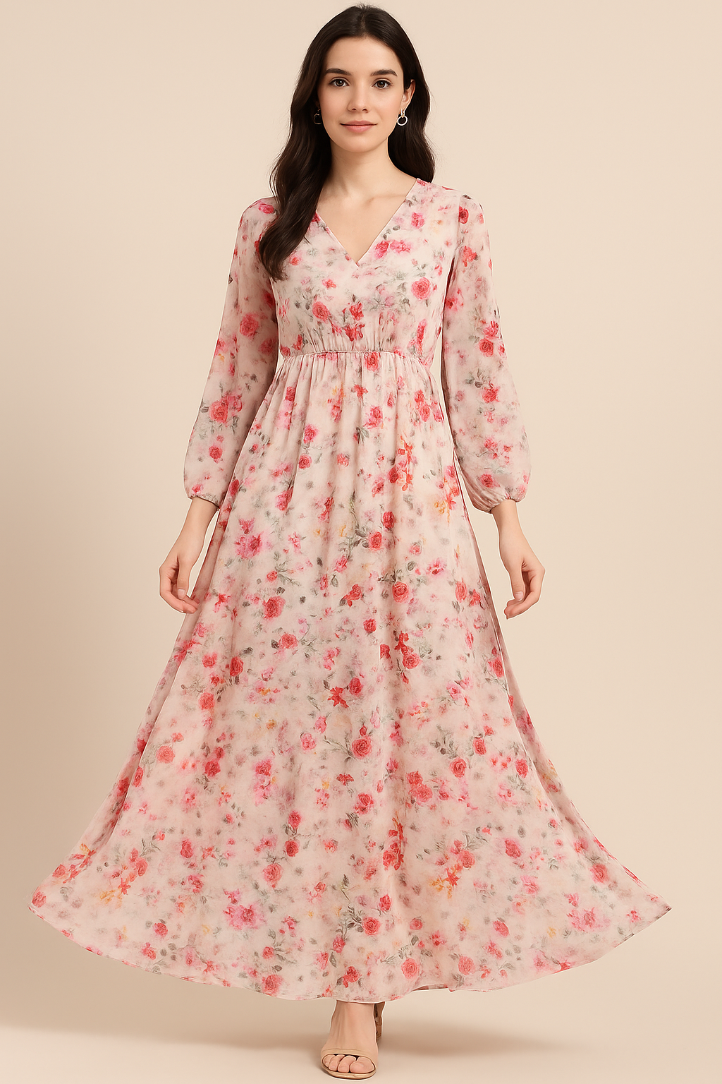 Beautifull Red And Pink Camellia Rose Of Branch Digital Printed Fabric - Pure Georgette