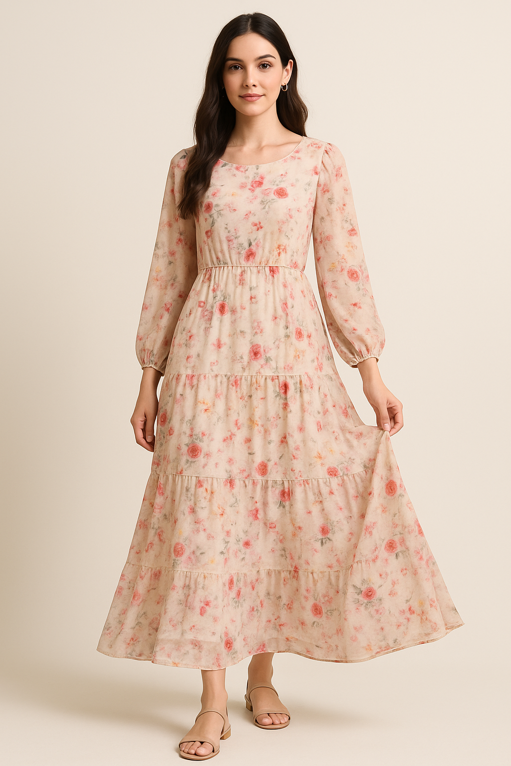 Beautifull Red And Pink Camellia Rose Of Branch Digital Printed Fabric - Pure Georgette