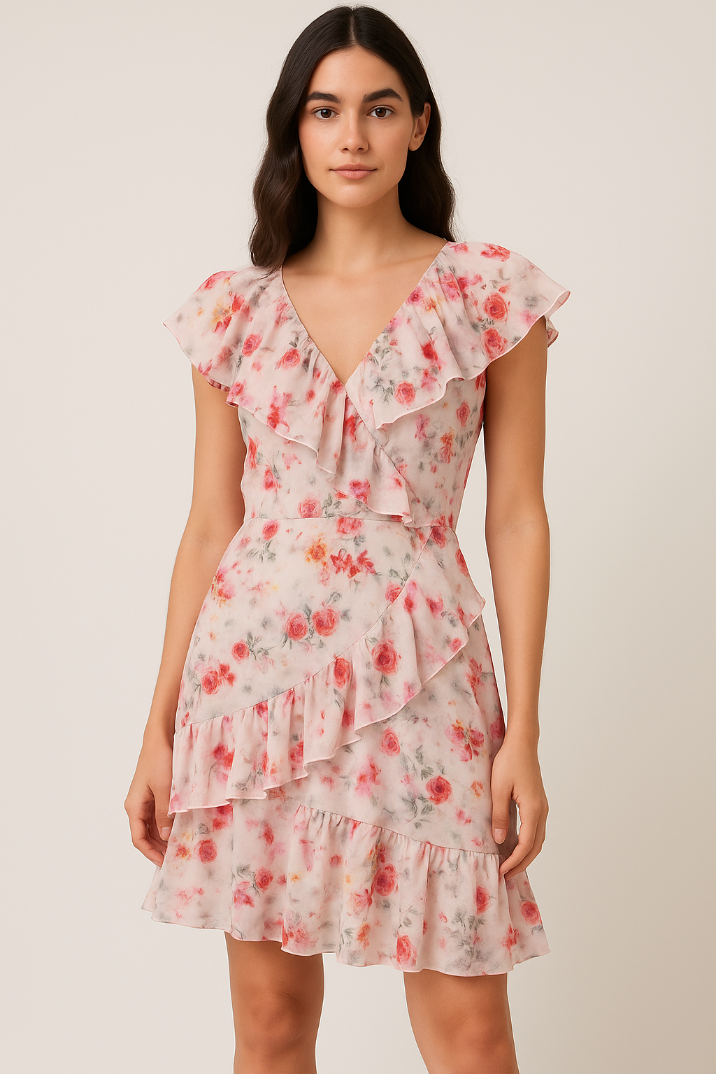 Beautifull Red And Pink Camellia Rose Of Branch Digital Printed Fabric - Pure Georgette